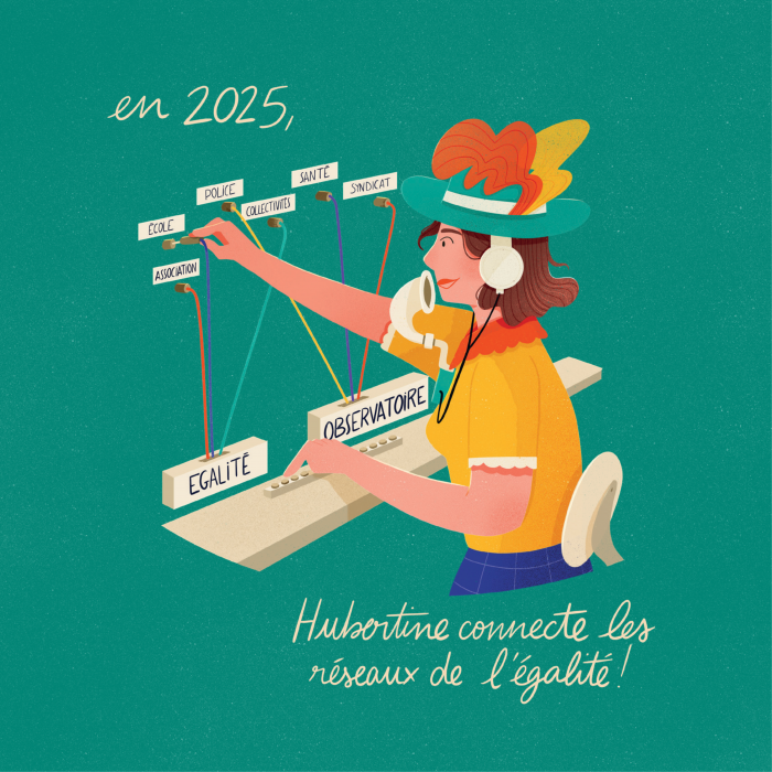 Carte de vœux 2025 du Centre Hubertine Auclert. Texte : en 2025, Hubertine connecte les réseaux de l'égalité ! Illustration de Florence Sabatier - Atelier Mouette.