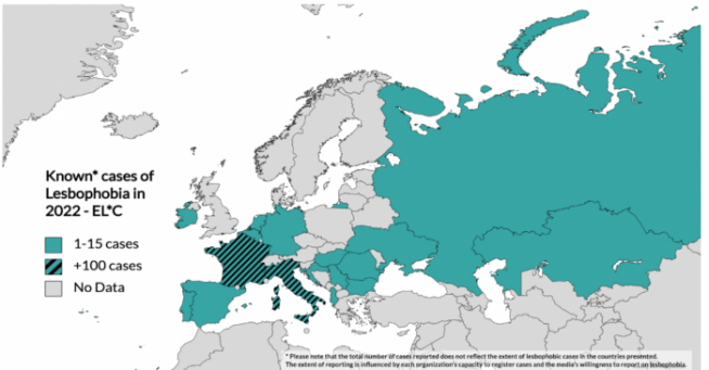 carte sur les cas de lesbophobie en Europe - rapport ELC (2023)