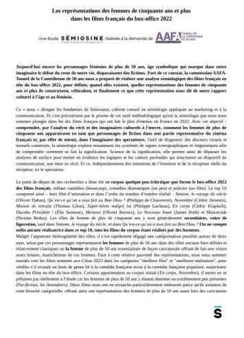 ÉTUDE SÉMIOLOGIQUE DES REPRÉSENTATIONS DES FEMMES DE PLUS DE 50 ANS DANS LES FILMS FRANÇAIS DU BOX-OFFICE 2022